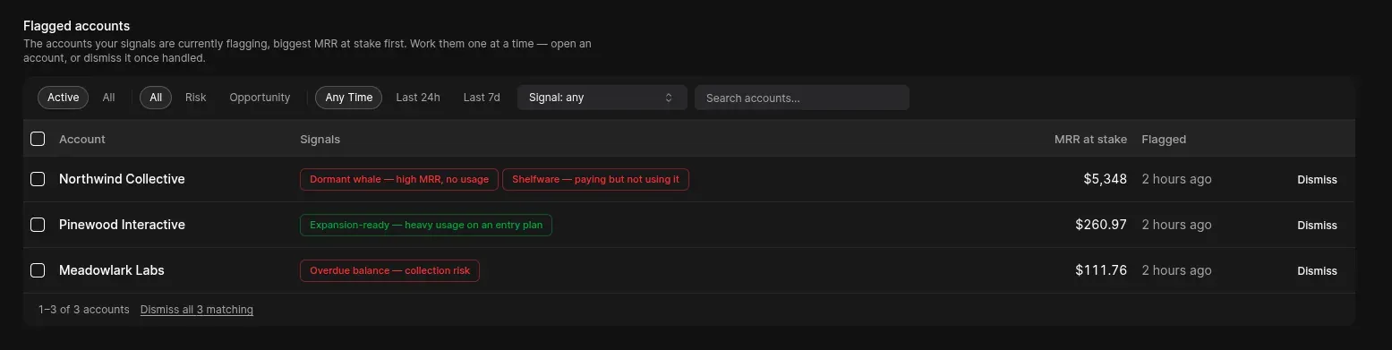 Customer Signals view listing flagged accounts with MRR at stake
