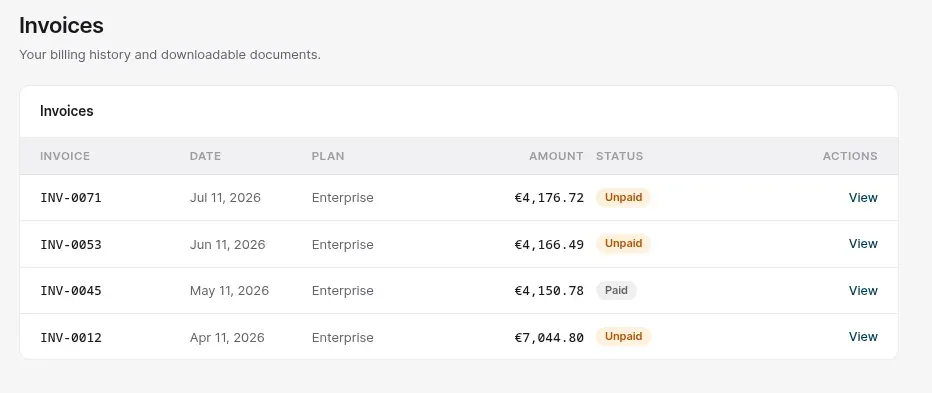 Invoices widget listing past invoices with download links