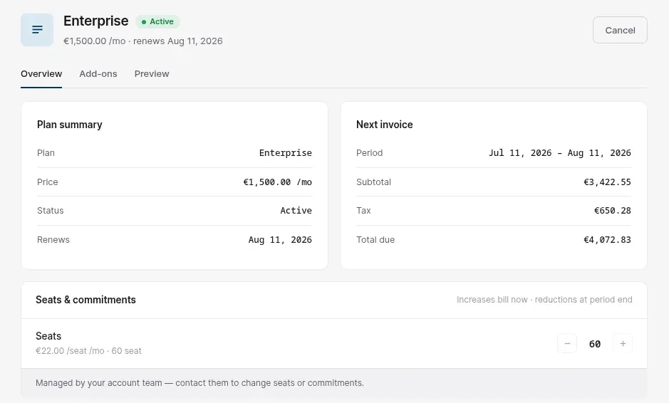 Plan preview widget showing upgrade and downgrade options