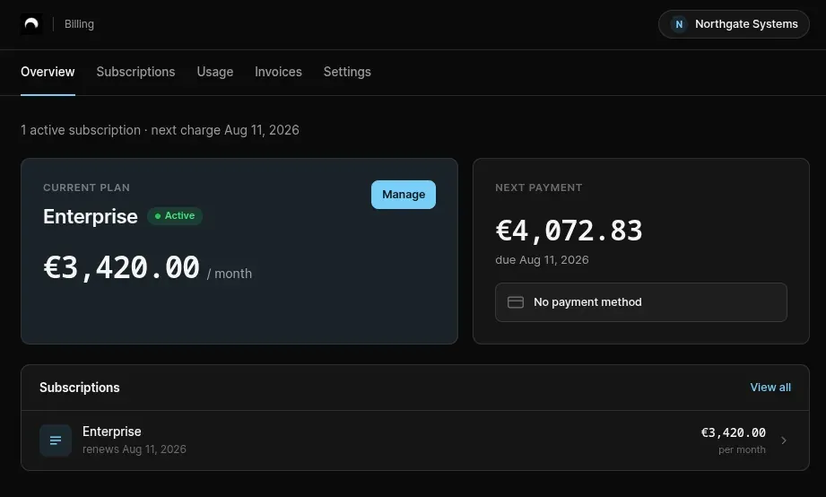 Customer Portal overview showing a branded billing dashboard