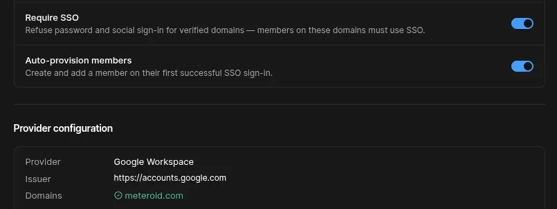 Single sign-on configuration screen