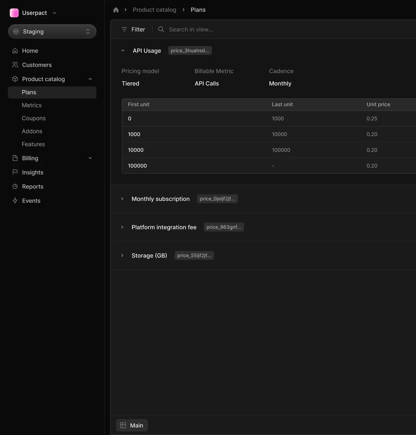 API request and response sample showing Meteroid's developer surface