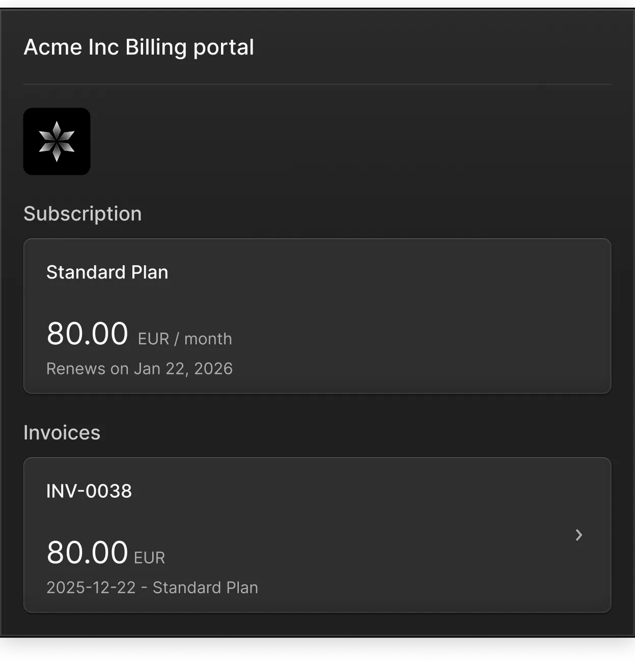 Embedded customer self-serve billing portal