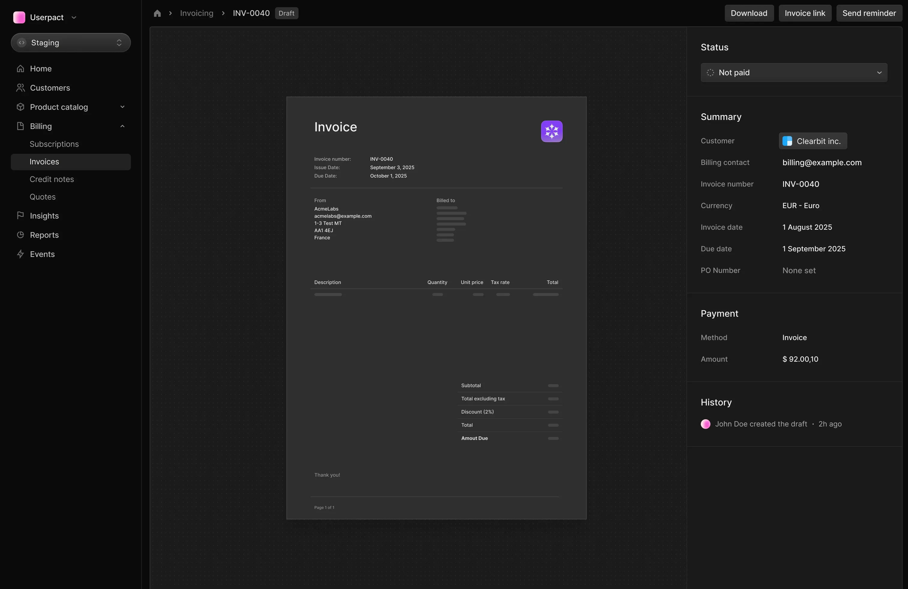 Meteroid invoicing product surface