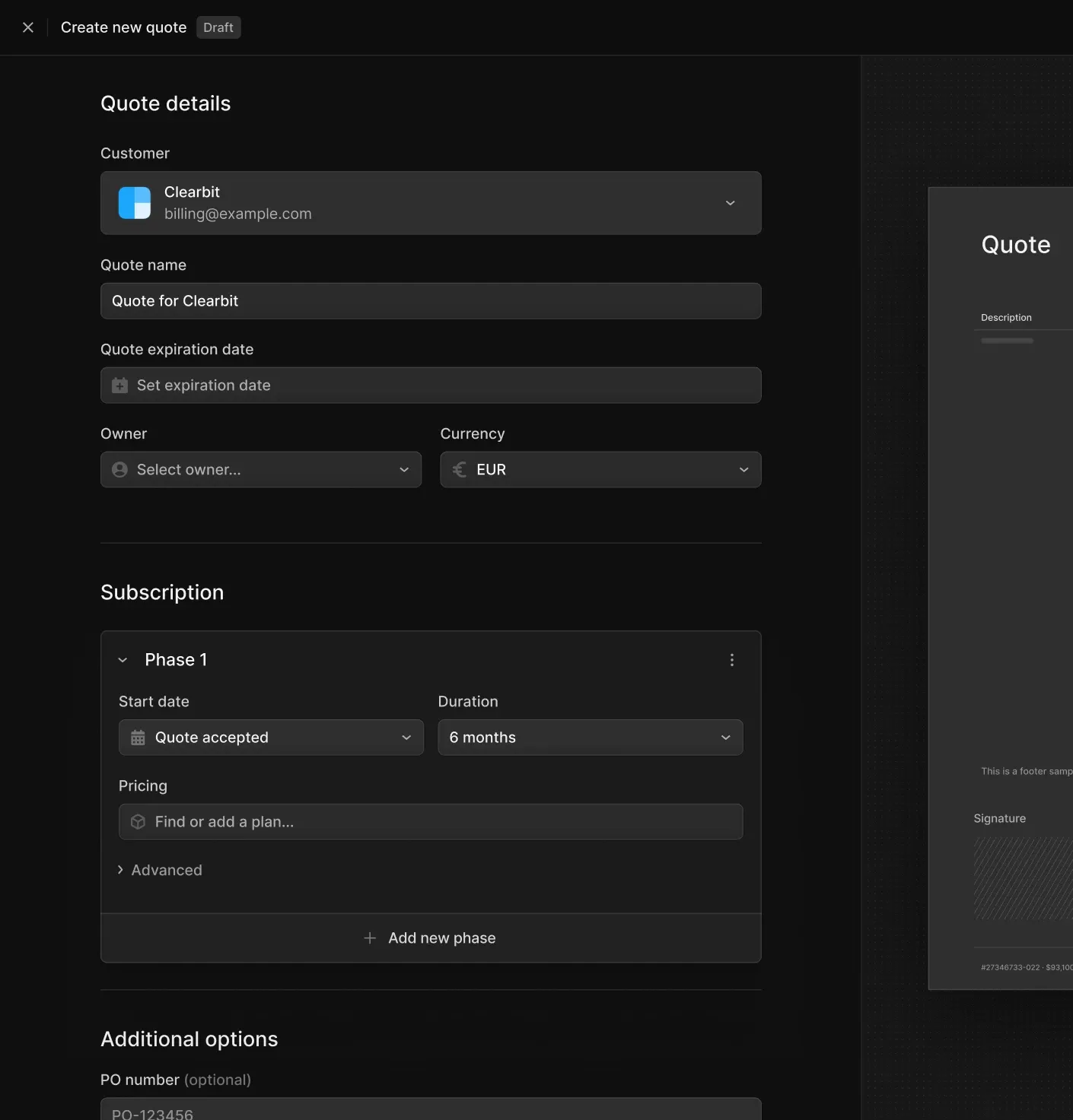 Quote-to-cash workflow with line items and approvals
